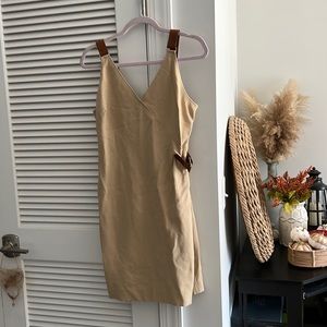 Ralph Lauren black label collection dress, Sz 10/12, khaki and leather stretch